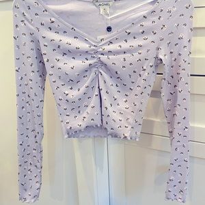 Monki Organic Lettuce Edge Ruched Floral Long Sleeve Dusty Lilac XS 90s NWT